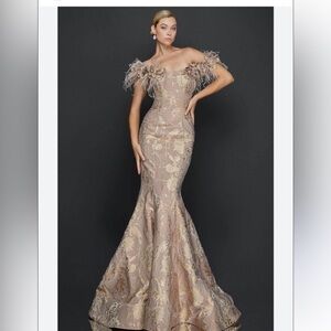 Terani Couture - 1921E0136 Feather Off Shoulder Mermaid Evening Gown